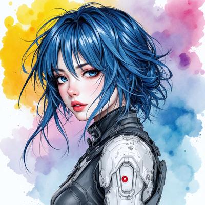 The primary subject of the image is a woman with blue hair, wearing a black and white outfit. She is posing for the camera, and her hair is styled in a ponytail. The setting is a colorful background, which adds a vibrant and lively atmosphere to the scene. The visual style of the image is a combination of digital art and illustration, creating a unique and eye-catching portrait. The colors and mood of the image are predominantly blue and white, giving it a cool